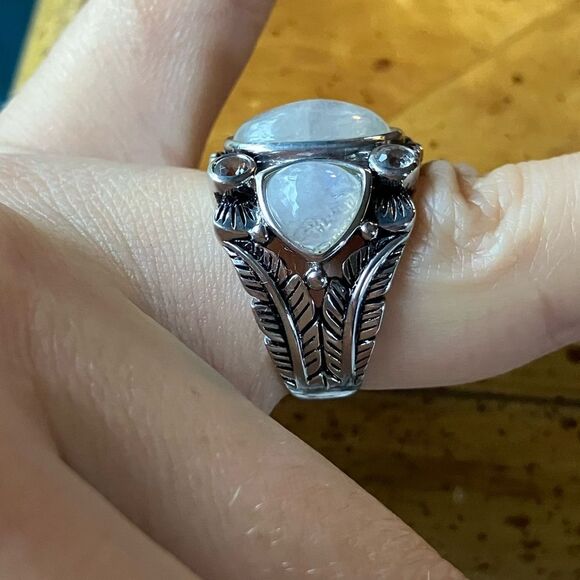 Natural Rainbow Moonstone White Topaz Sterling Silver Cocktail Ring Size 7 - Picture 3 of 9